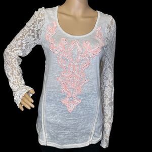 Miss Me Sheer Long Lace Sleeve Blouse Cream With Coral Applique On Front Size L